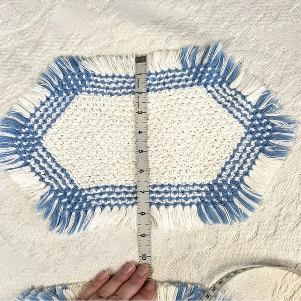 Vintage Woven Fringe Hot Pads Set of Three White and Blue Yarn Potholders Trivet